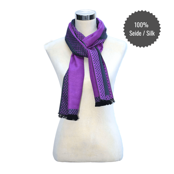 Scarf Shawl 100% Silk Flannel Jacquard Lila Grey Points